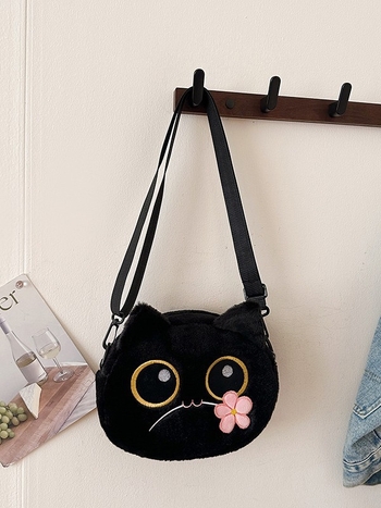 Ženska pliš torbica kružnog oblika s izvezenom mačkom, japanski stil, mala crossbody torba za svakodnevnu upotrebu, Proljeće 2025