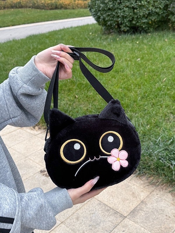 Ženska pliš torbica kružnog oblika s izvezenom mačkom, japanski stil, mala crossbody torba za svakodnevnu upotrebu, Proljeće 2025
