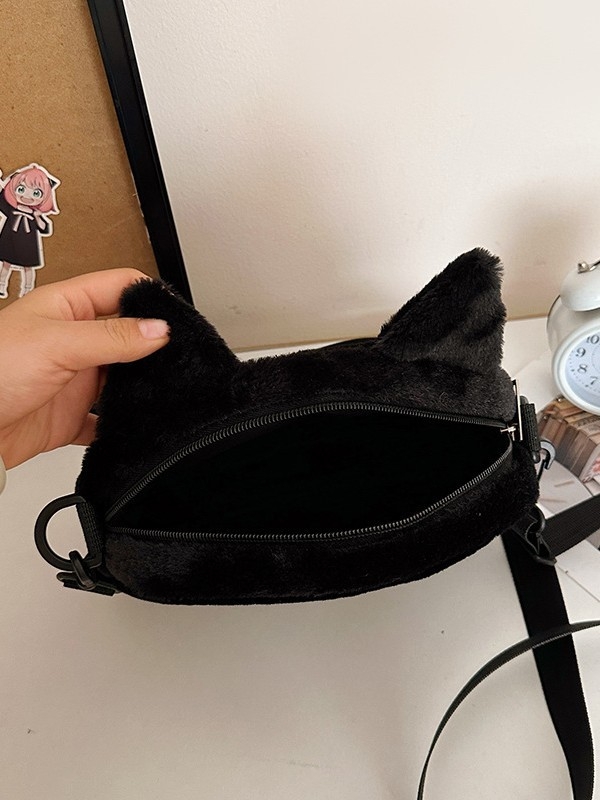 Ženska pliš torbica kružnog oblika s izvezenom mačkom, japanski stil, mala crossbody torba za svakodnevnu upotrebu, Proljeće 2025