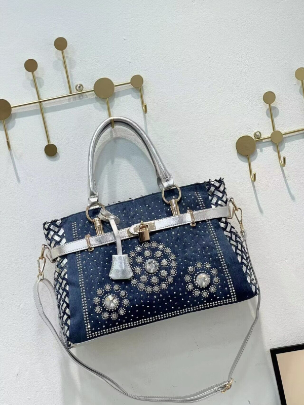 Denim Kelly torba s pletenim detaljima i zakovicama, ženska torba za rameni i crossbody