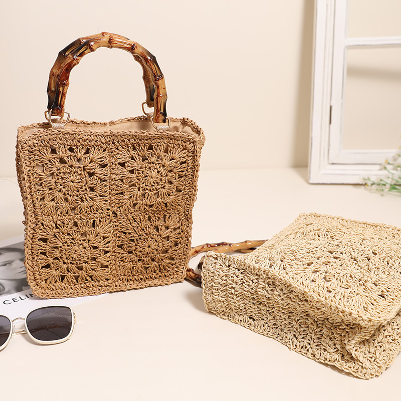 Ženska torba s bambusnom ručkom, pletena od slame s papirnim užetom – kvadratna plažna torba, casual stil