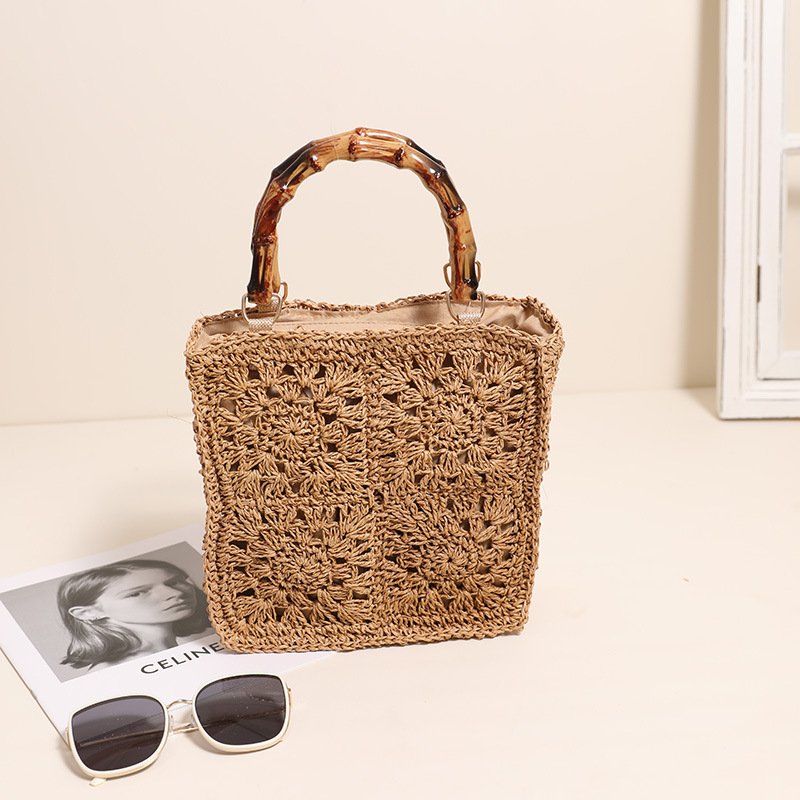 Ženska torba s bambusnom ručkom, pletena od slame s papirnim užetom – kvadratna plažna torba, casual stil