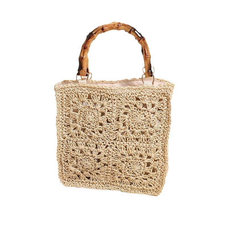 Ženska torba s bambusnom ručkom, pletena od slame s papirnim užetom – kvadratna plažna torba, casual stil