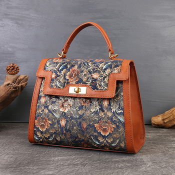 Elegantna torba od prave kože s retro cvjetnom vezom i patchworkom, Kelly stil za rame ili crossbody