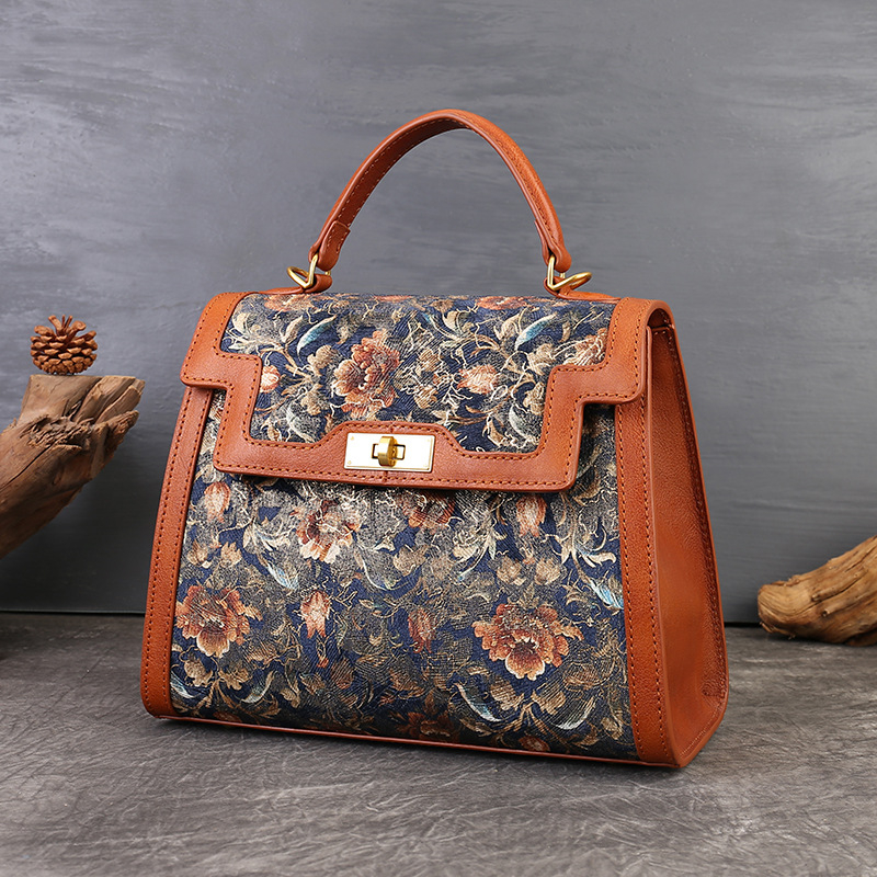 Elegantna torba od prave kože s retro cvjetnom vezom i patchworkom, Kelly stil za rame ili crossbody