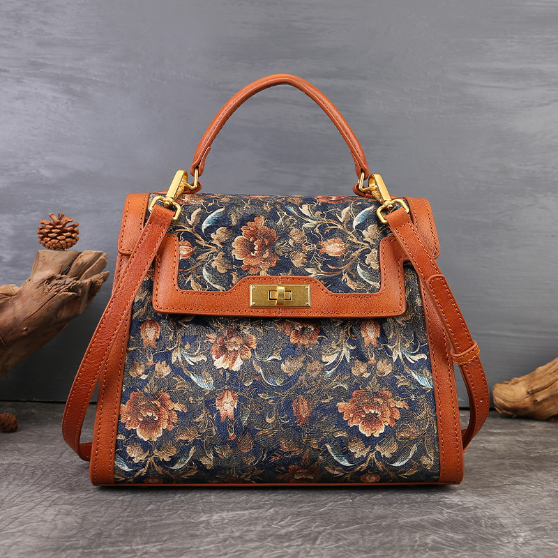 Elegantna torba od prave kože s retro cvjetnom vezom i patchworkom, Kelly stil za rame ili crossbody