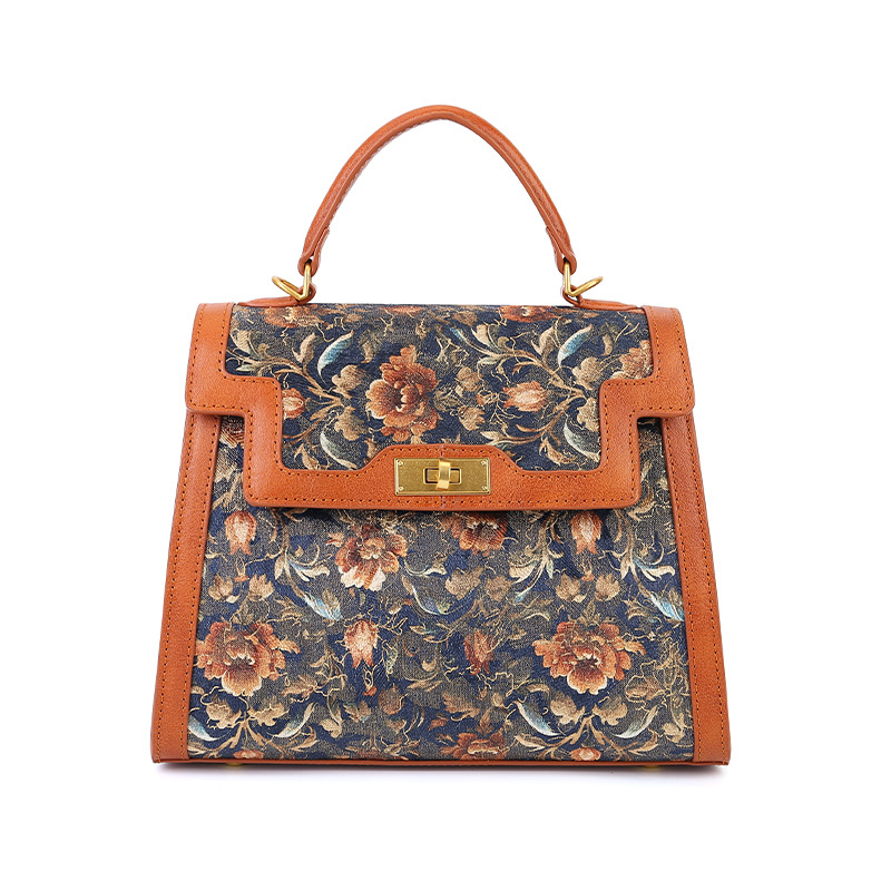 Elegantna torba od prave kože s retro cvjetnom vezom i patchworkom, Kelly stil za rame ili crossbody