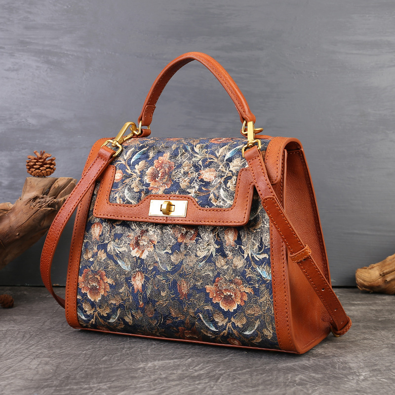 Elegantna torba od prave kože s retro cvjetnom vezom i patchworkom, Kelly stil za rame ili crossbody