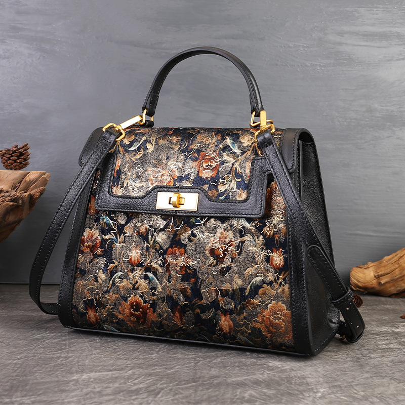 Elegantna torba od prave kože s retro cvjetnom vezom i patchworkom, Kelly stil za rame ili crossbody