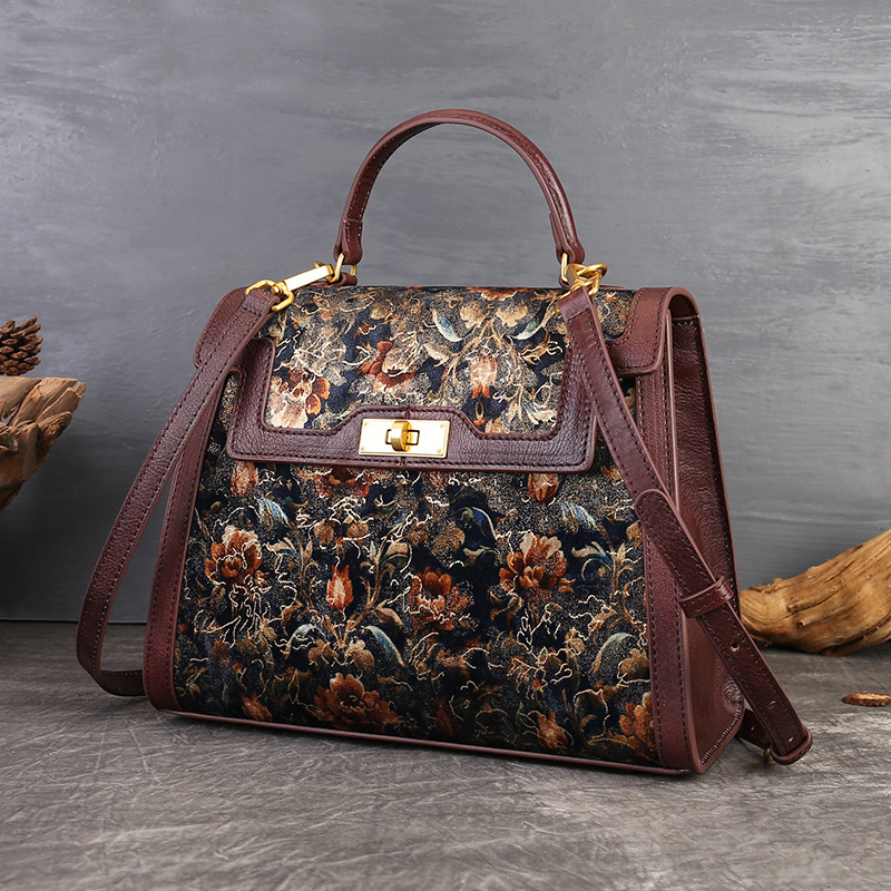 Elegantna torba od prave kože s retro cvjetnom vezom i patchworkom, Kelly stil za rame ili crossbody
