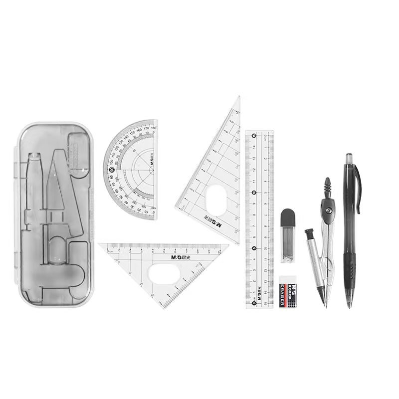 8-dijelni set uredskog materijala: kompas, set ravnala, trokut za ispite, ravnalo – Geometrijski alati 790806/90807