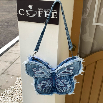 Ženska torba od denima s jedinstvenim dizajnom u obliku leptira, punk stil, preko ramena, crossbody i ruksak
