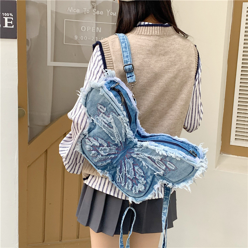 Ženska torba od denima s jedinstvenim dizajnom u obliku leptira, punk stil, preko ramena, crossbody i ruksak