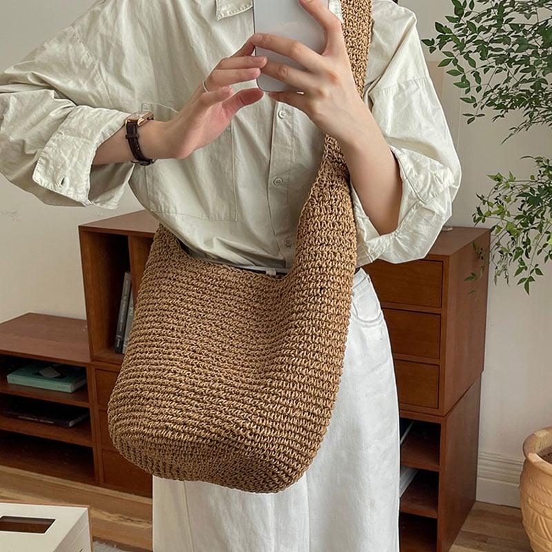 Torba Crossbody od slame u korejskom stilu, pletena plažna torba za odmor, jednobojna ženska torba