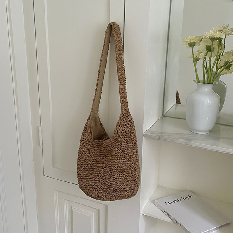 Torba Crossbody od slame u korejskom stilu, pletena plažna torba za odmor, jednobojna ženska torba