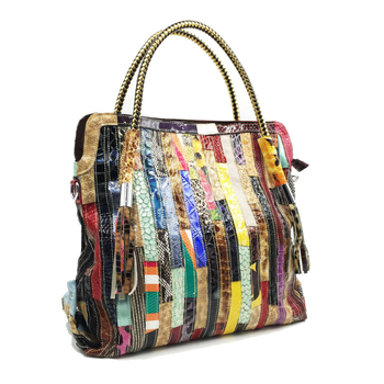 Ženska kožna tote torba u europsko-američkom stilu, uzorak zmijskog kože, patchwork, kontrastne resice, za rame ili crossbody, velika dnevna torba