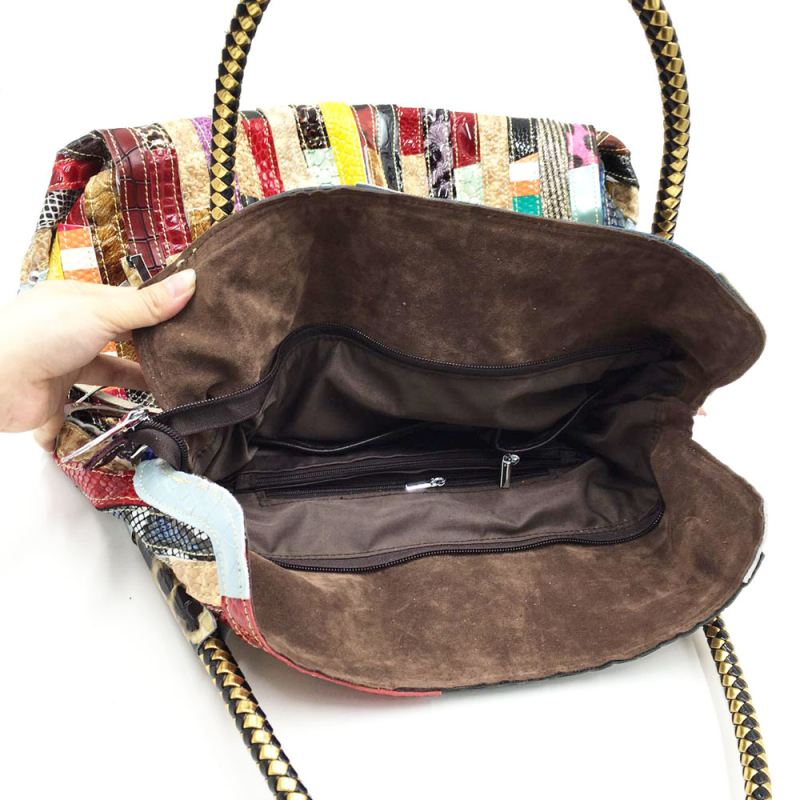 Ženska kožna tote torba u europsko-američkom stilu, uzorak zmijskog kože, patchwork, kontrastne resice, za rame ili crossbody, velika dnevna torba