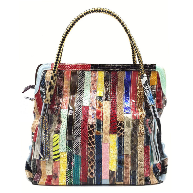 Ženska kožna tote torba u europsko-američkom stilu, uzorak zmijskog kože, patchwork, kontrastne resice, za rame ili crossbody, velika dnevna torba