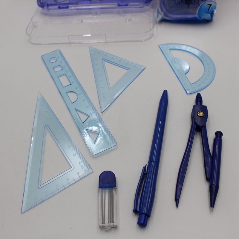 Set kompas i ravnalo za učenike, geometrijski alati za crtanje, plastična kutija, 7 komada.