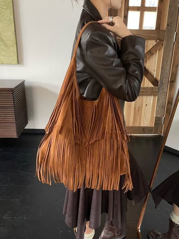 Boho stil retro torba od teleće kože s resicama za žene, velika torba za podlakticu s velurom, zima 2025