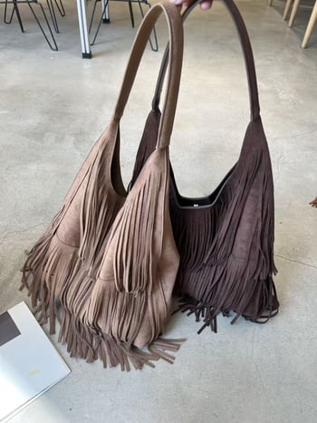 Boho stil retro torba od teleće kože s resicama za žene, velika torba za podlakticu s velurom, zima 2025