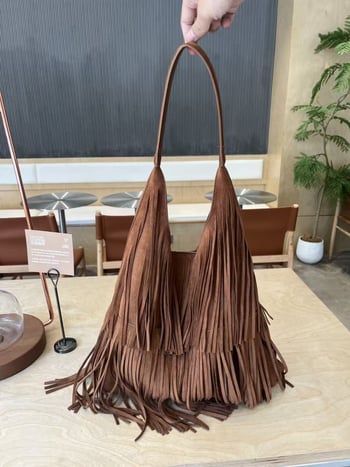 Boho stil retro torba od teleće kože s resicama za žene, velika torba za podlakticu s velurom, zima 2025