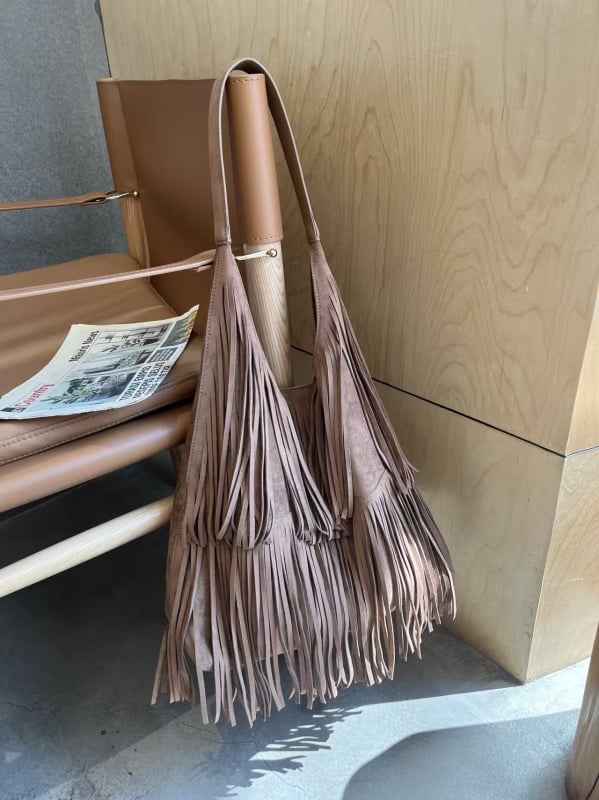 Boho stil retro torba od teleće kože s resicama za žene, velika torba za podlakticu s velurom, zima 2025