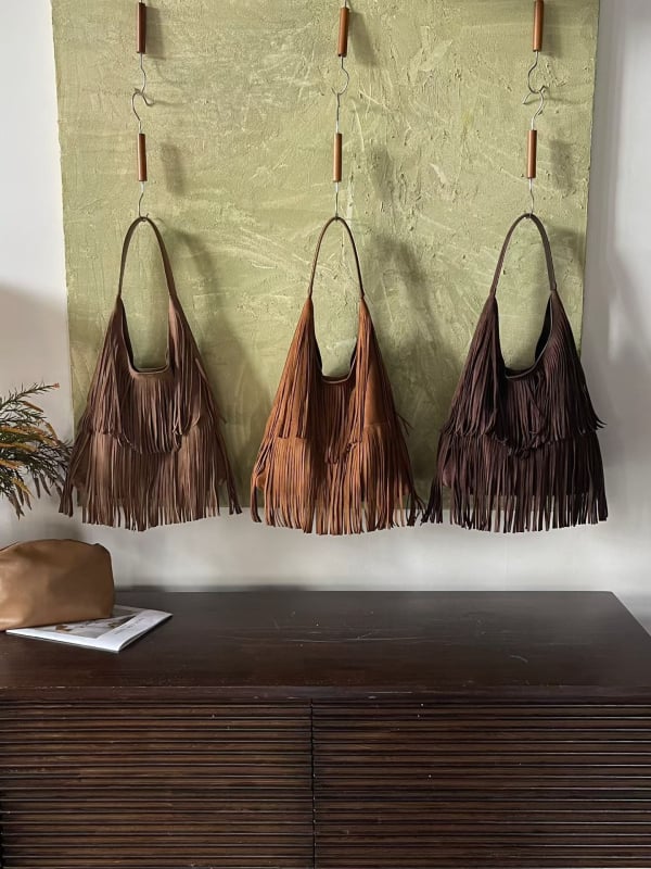 Boho stil retro torba od teleće kože s resicama za žene, velika torba za podlakticu s velurom, zima 2025