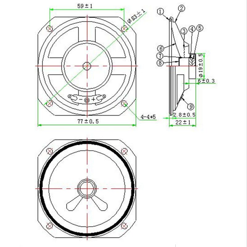 LS77N-10-R4 3-inčni kvadratni zvučnik s papirnim konusom srednjeg dometa, unutarnji magnet, 90dB, 3.46V, 4Ω