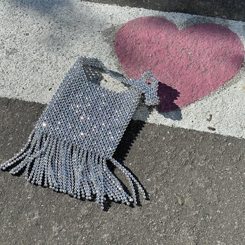 Ženska torbica za rame sa srebrnim resicama i perlicama, za banket, retro dizajn, svestrana.