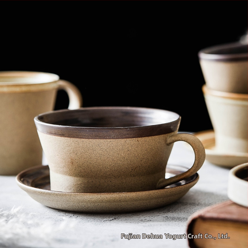 Set de cești de cafea și farfurioare din ceramică, lucrat manual, stil retro