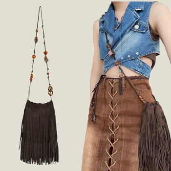 Ženska crossbody torba u retro stilu sa šnira, resicama i perlicama, originalni dizajn