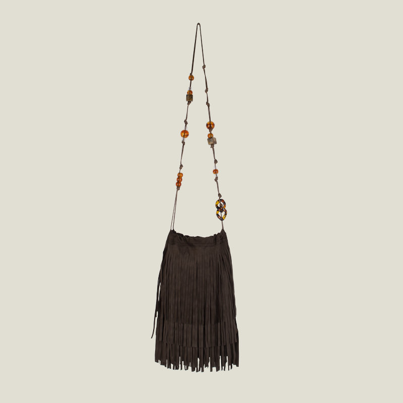 Ženska crossbody torba u retro stilu sa šnira, resicama i perlicama, originalni dizajn
