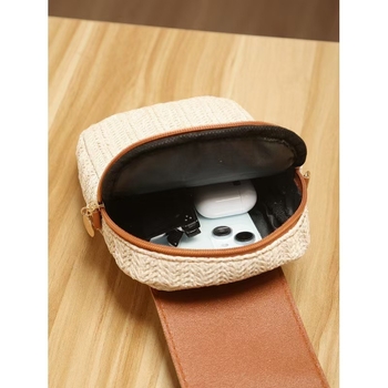 Trendovita torbica za telefon od slame s perlama i kićankom, s preklopom, mala ženska crossbody torba
