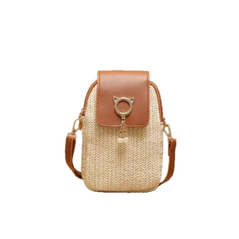Trendovita torbica za telefon od slame s perlama i kićankom, s preklopom, mala ženska crossbody torba