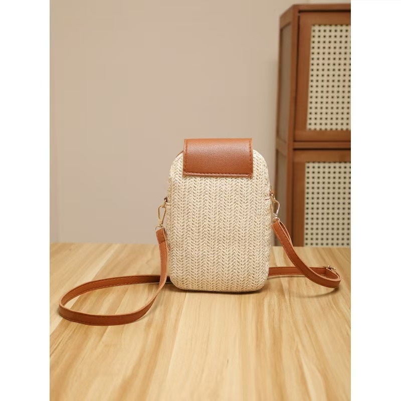 Trendovita torbica za telefon od slame s perlama i kićankom, s preklopom, mala ženska crossbody torba