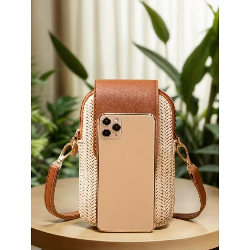 Trendovita torbica za telefon od slame s perlama i kićankom, s preklopom, mala ženska crossbody torba