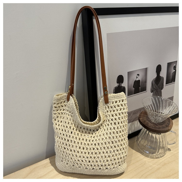 Ženska pletena torba tipa bucket, velika kapaciteta, ljetna casual crossbody torba za rame