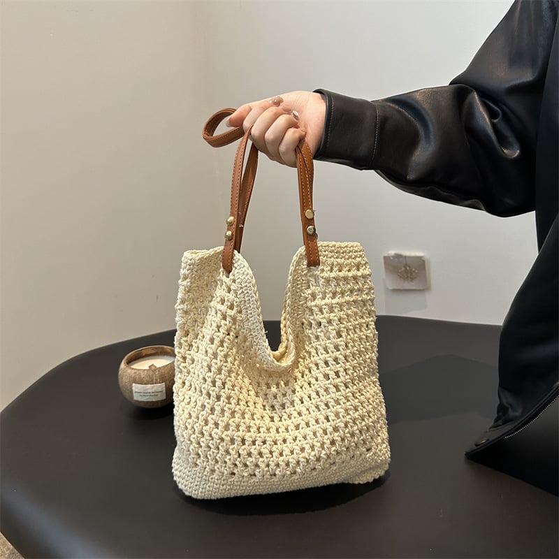 Ženska pletena torba tipa bucket, velika kapaciteta, ljetna casual crossbody torba za rame
