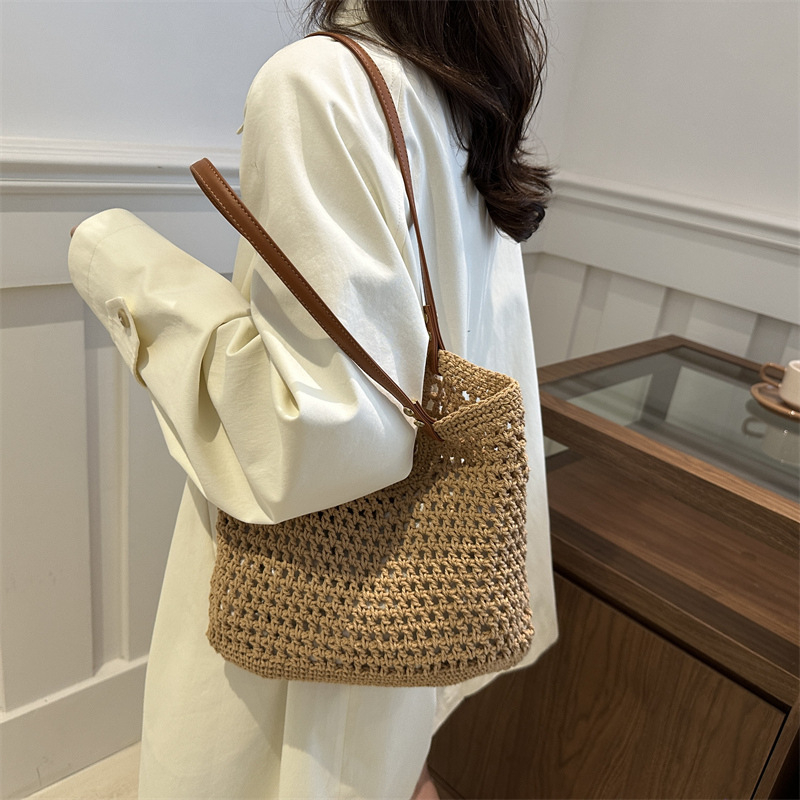 Ženska pletena torba tipa bucket, velika kapaciteta, ljetna casual crossbody torba za rame