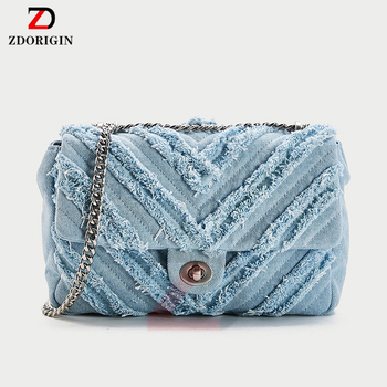 Ženska denim torbica s lancem i resicama, crossbody, mala kvadratna torbica, srednje veličine