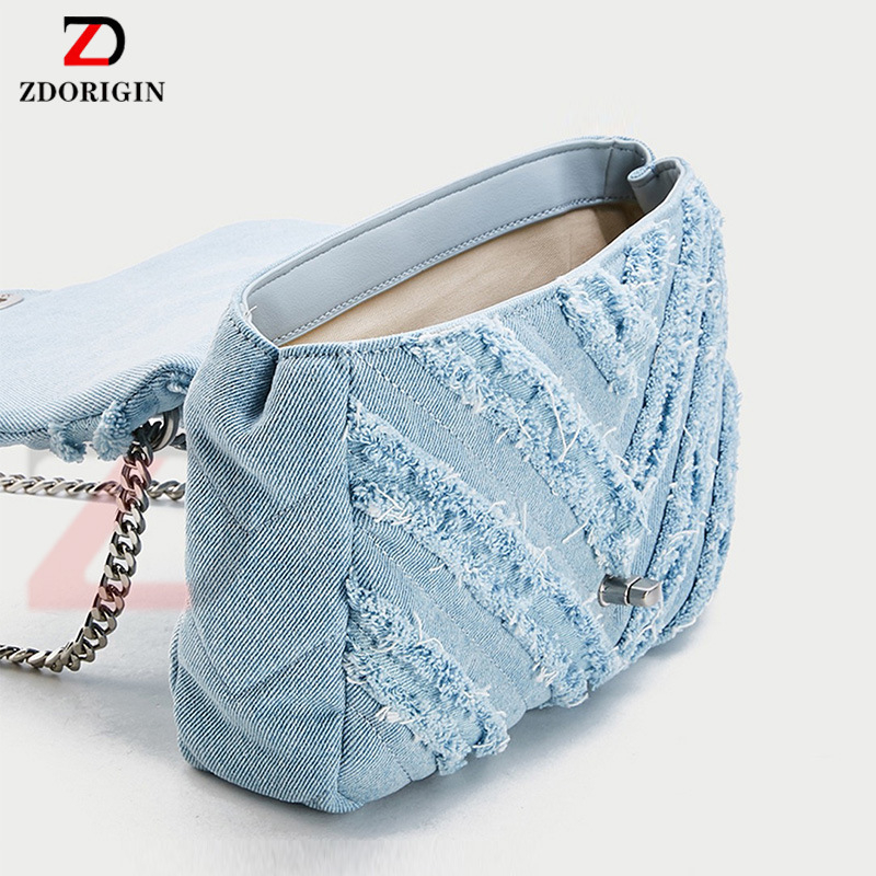 Ženska denim torbica s lancem i resicama, crossbody, mala kvadratna torbica, srednje veličine
