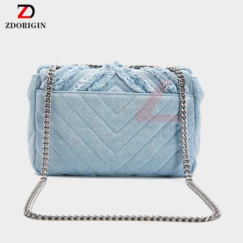 Ženska denim torbica s lancem i resicama, crossbody, mala kvadratna torbica, srednje veličine