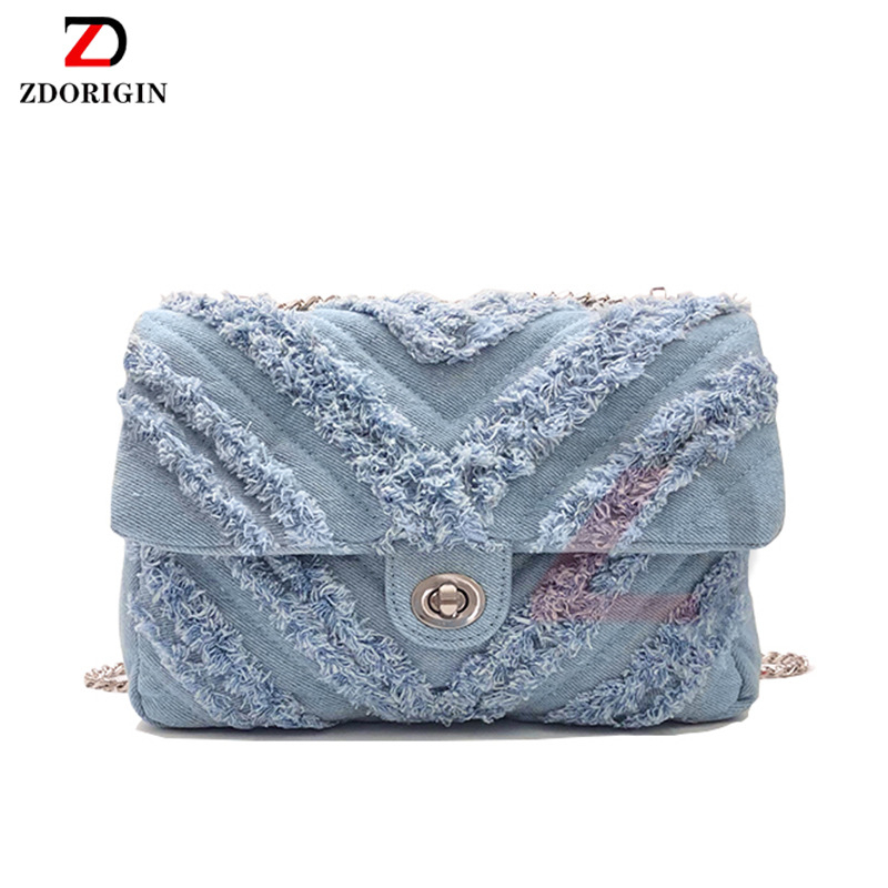Ženska denim torbica s lancem i resicama, crossbody, mala kvadratna torbica, srednje veličine