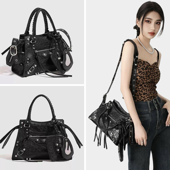 Ženska kožna torbica s ukrasima u stilu motocikla, retro, velika zapremina, preko ramena ili crossbody