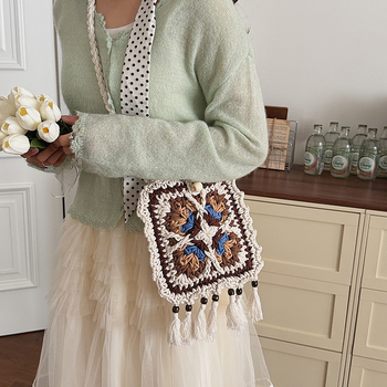 Boho stil ručno tkana crossbody torba za žene, etnički detalji s resicama, retro torba od pamučne pređe