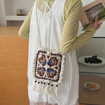 Boho stil ručno tkana crossbody torba za žene, etnički detalji s resicama, retro torba od pamučne pređe
