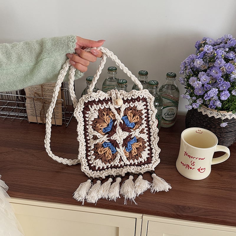 Boho stil ručno tkana crossbody torba za žene, etnički detalji s resicama, retro torba od pamučne pređe
