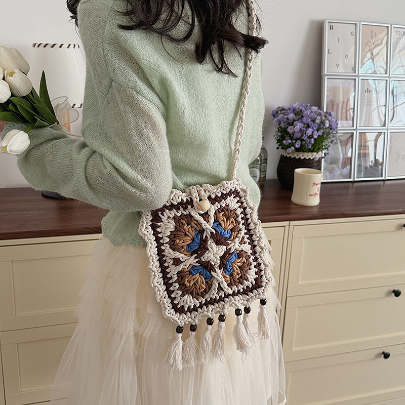 Boho stil ručno tkana crossbody torba za žene, etnički detalji s resicama, retro torba od pamučne pređe