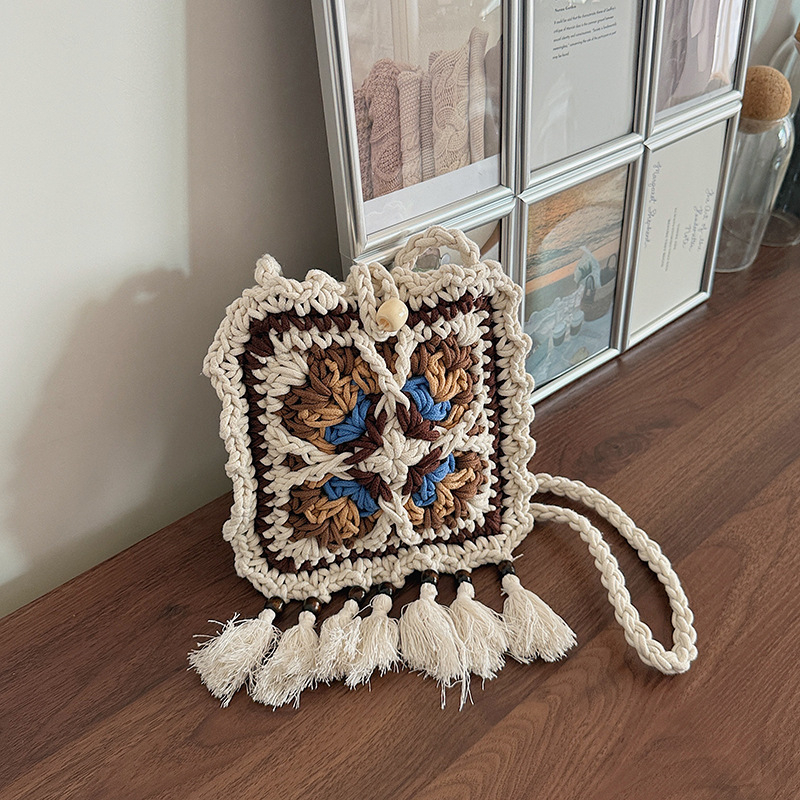 Boho stil ručno tkana crossbody torba za žene, etnički detalji s resicama, retro torba od pamučne pređe